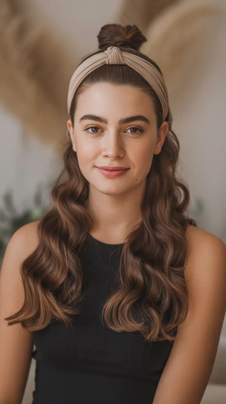 Hairstyles for long hair 2026 Half-Up Top Knot With Soft Cascading Waves and a Knotted Headband