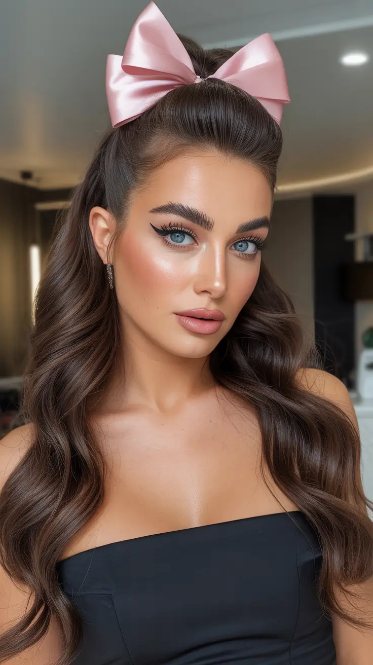 Hairstyles for long hair 2026 High Half-Up Waves With a Satin Statement Bow