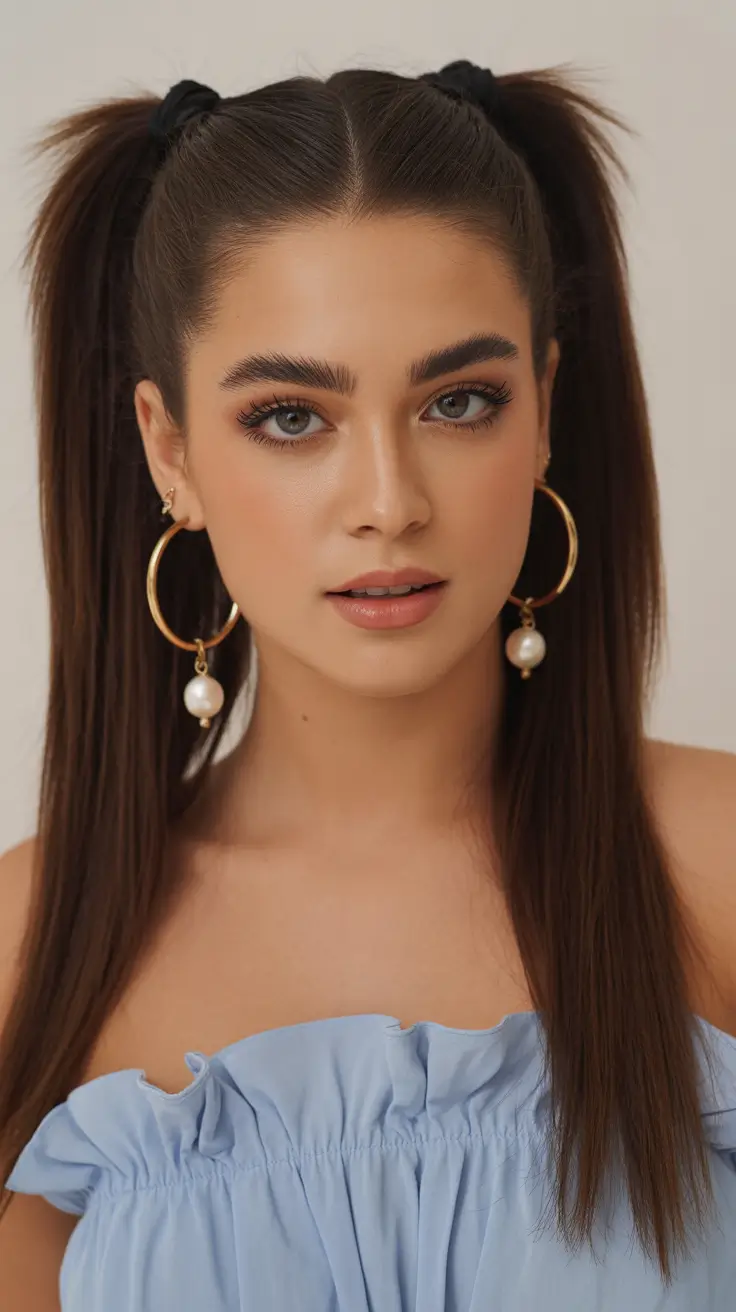 Hairstyles for long hair 2026 Playful Twin High Ponytails with Sleek Straight Lengths