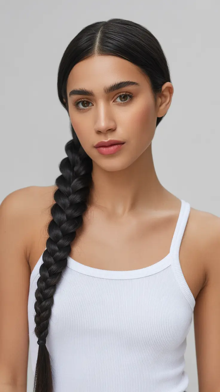 Hairstyles for long hair 2026 Sleek Side Braid With a Clean Middle Part