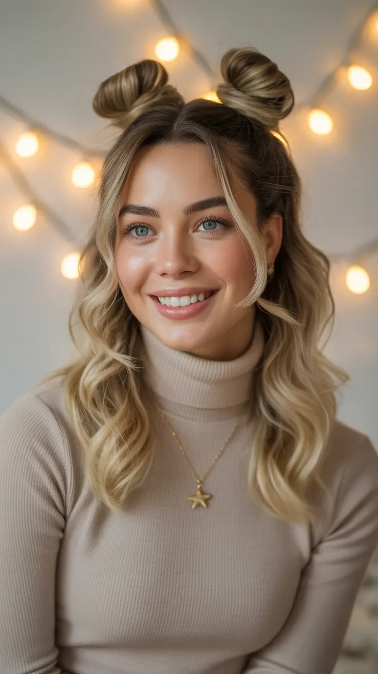 Hairstyles for long hair 2026 Space Buns With Soft Wavy Lengths and Face-Framing Pieces