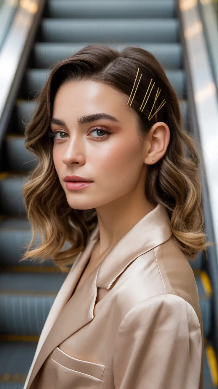 medium-length-hairstyles-2026-Metallic-Pin-Accented-Bob-With-Loose-Modern-Waves