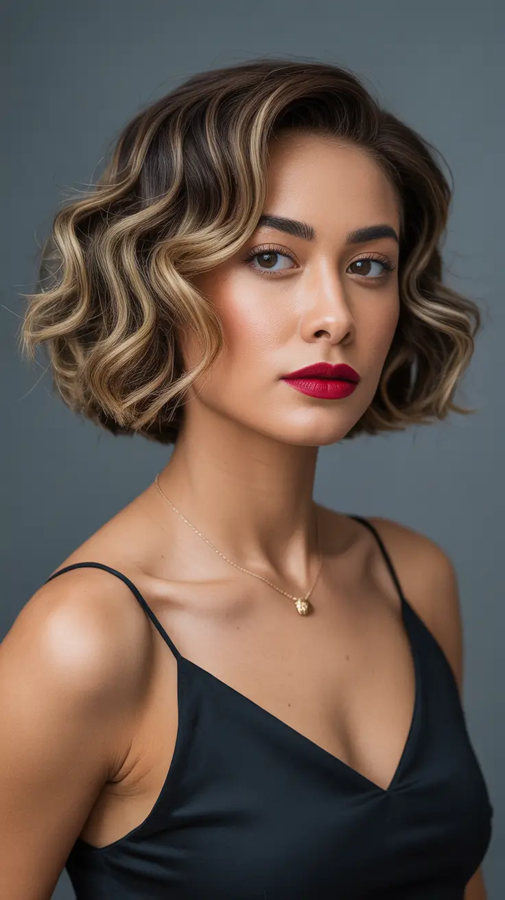 medium-length-hairstyles-2026-Dimensional-Chocolate-Blonde-Waves-With-Contour-Ribbons