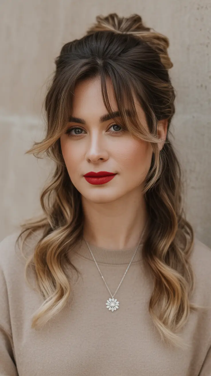 21 Chic half up half down hairstyles 2026 Soft Curtain Bangs with Warm Sculpted Waves