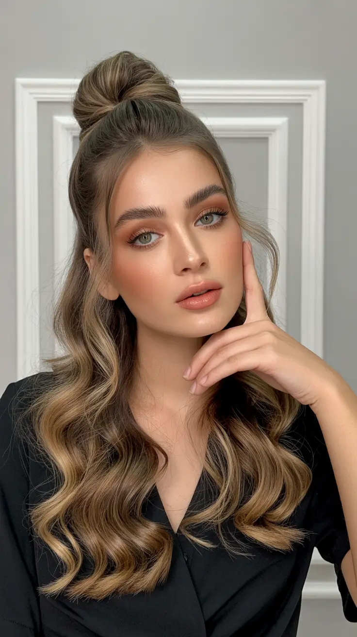 21 Chic half up half down hairstyles 2026 Structured Top Knot with Elegant Spring Waves