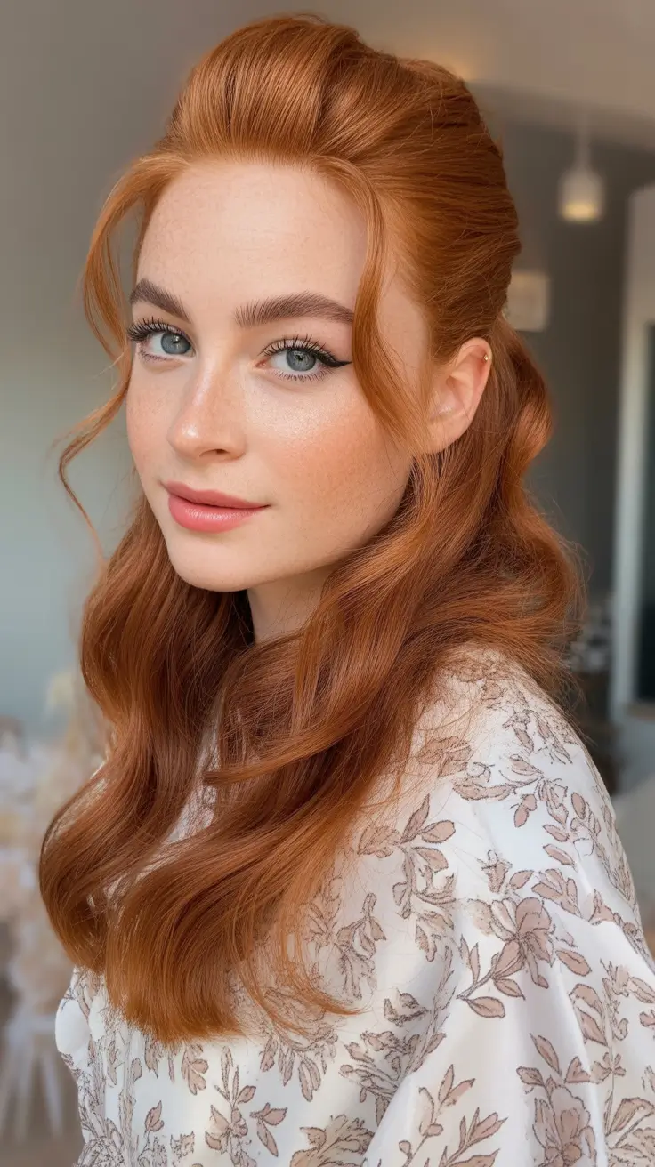 21 Chic half up half down hairstyles 2026 Copper Gloss Half Up with Polished Flow