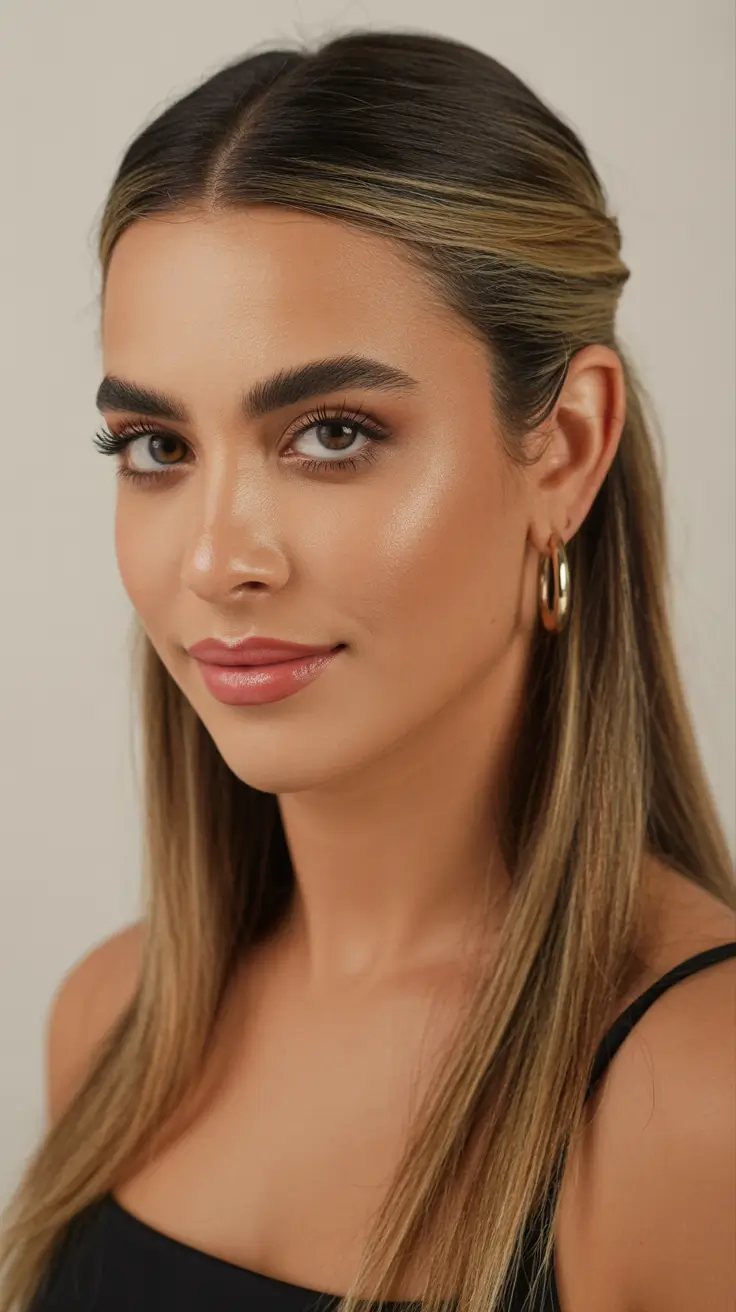 21 Chic half up half down hairstyles 2026 Sleek Contoured Half Up Style