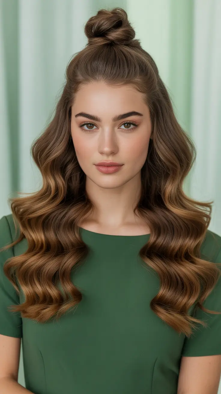 21 Chic half up half down hairstyles 2026 Playful Top Knot with Sculpted Waves