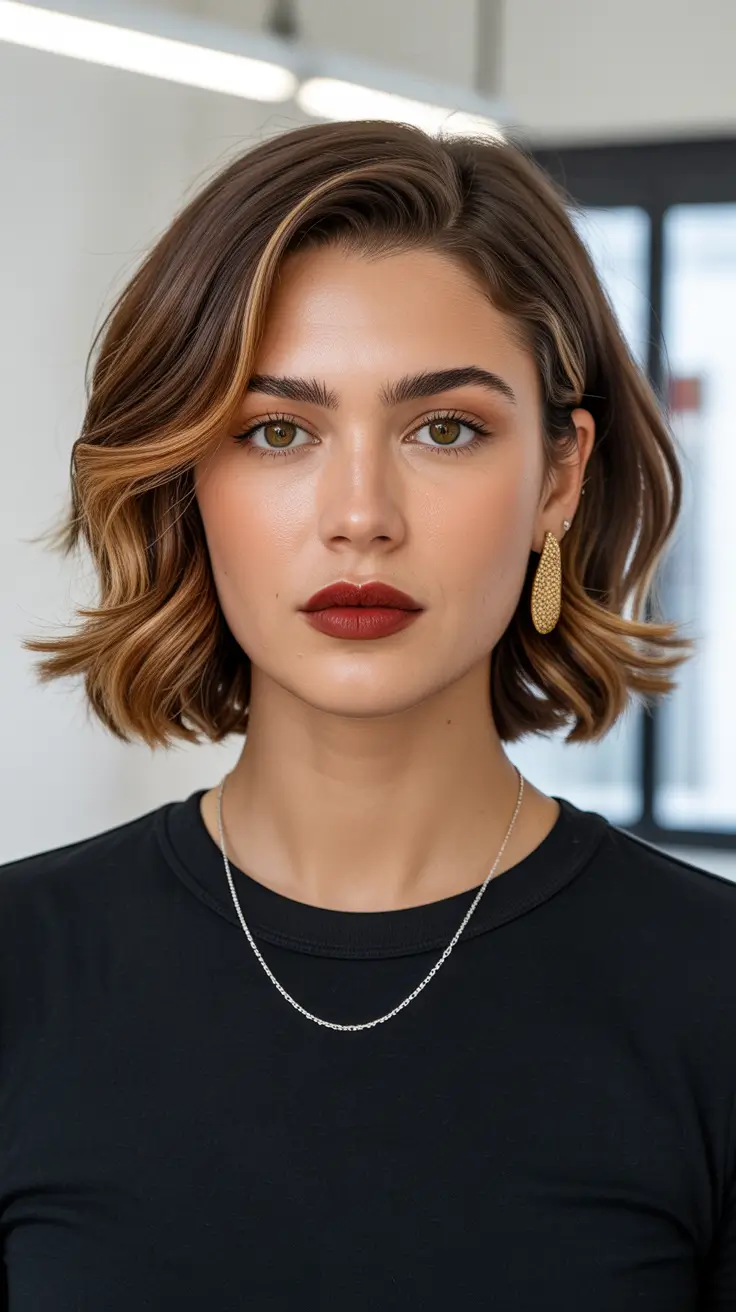 Long bob haircut ideas 2026 Bronze-Toned Waves with Soft Definition