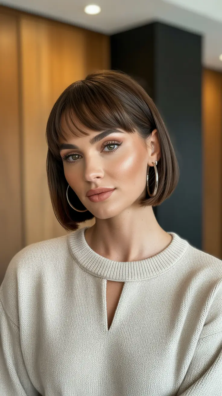 Long bob haircut ideas 2026 Glossy Brunette Bob with Bangs