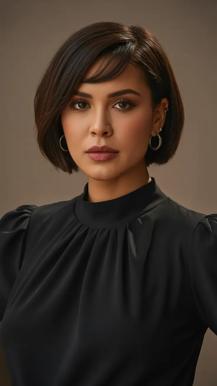 Long bob haircut ideas 2026 Angled Bob with Side Bangs