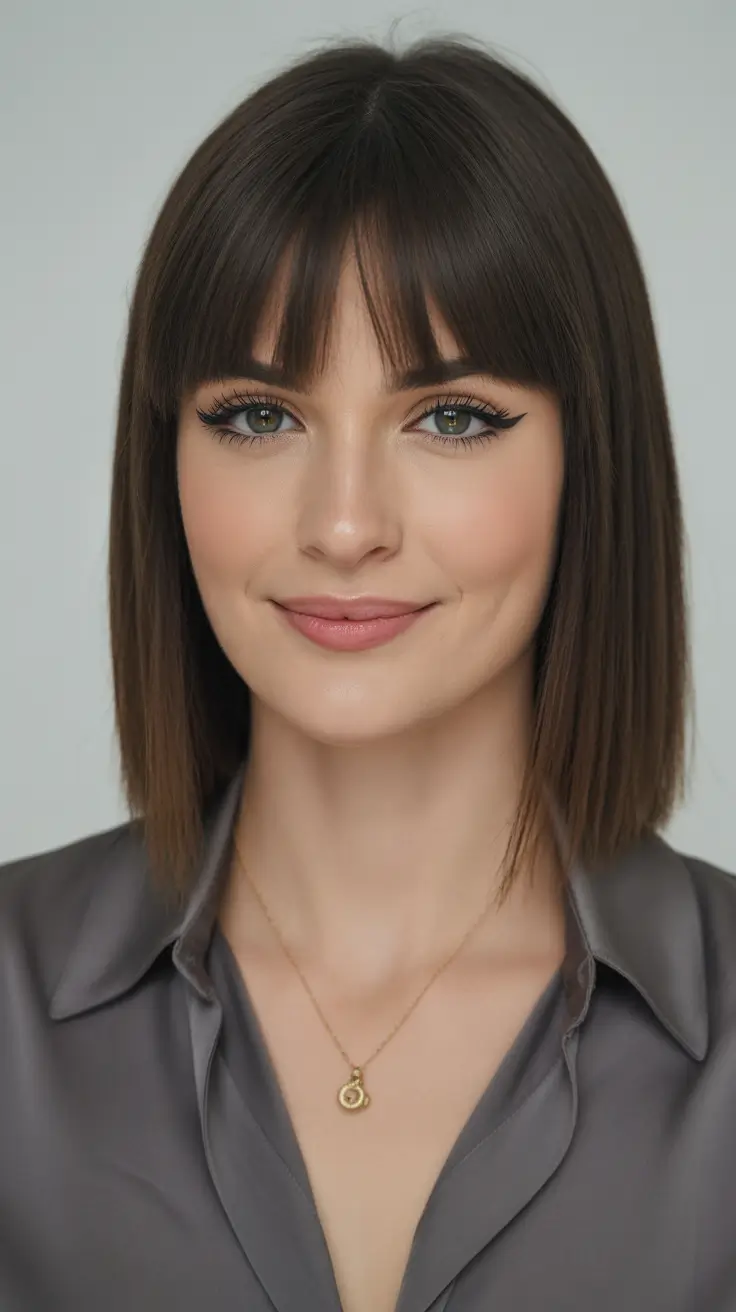 mid-length-hairstyle-2026-Polished-Brunette-Bob-With-Bangs