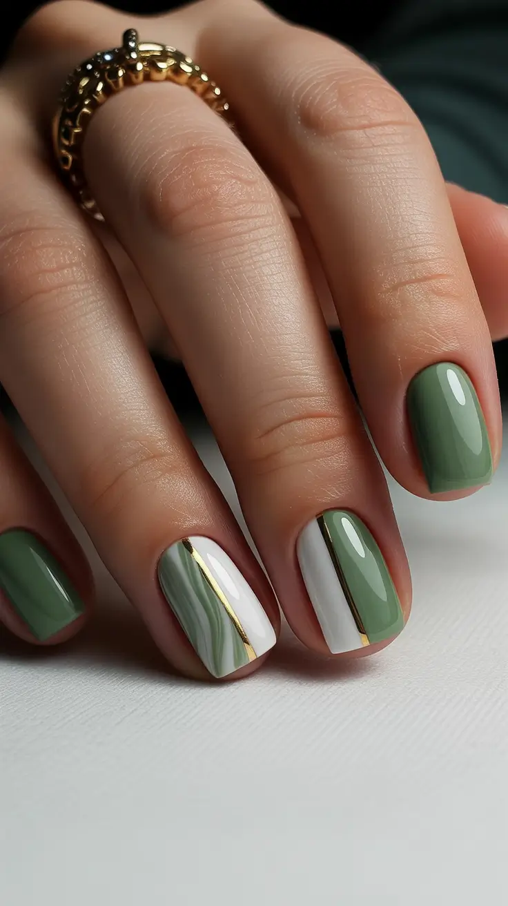 Nail-trends-2026-Sage-White-Gold-Stripe
