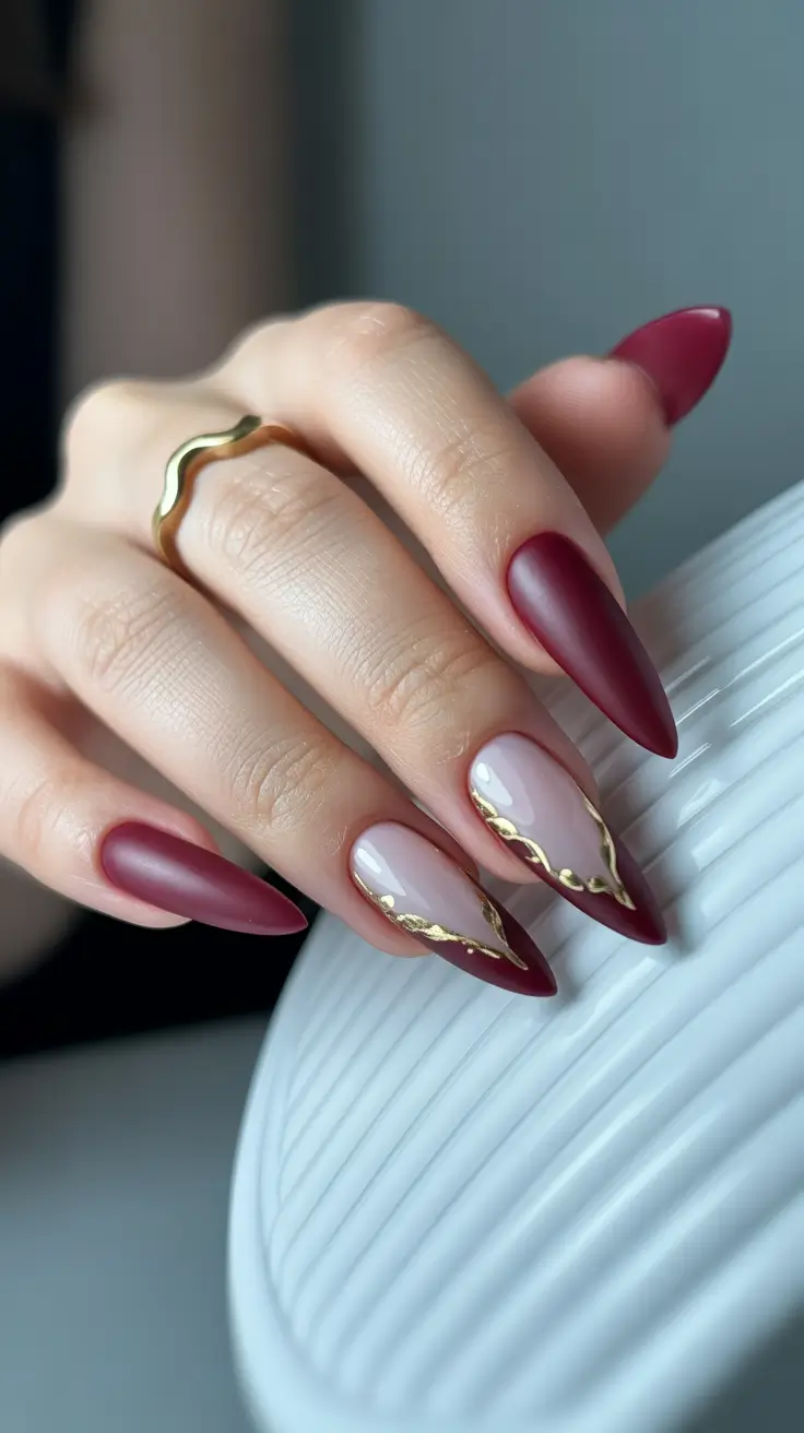 Nail-trends-2026-Matte-Burgundy-Gold-Wave