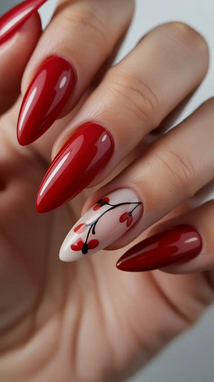Nail-trends-2026-Red-Floral-Accent