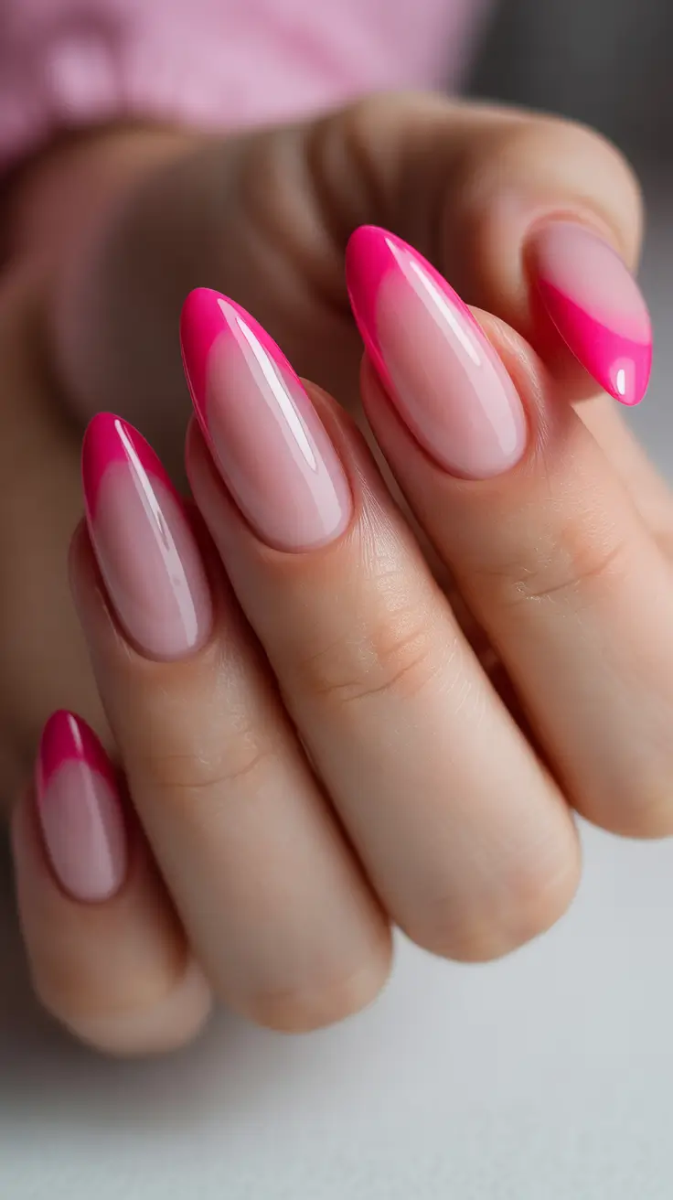 Pink-Nails-Hot-Pink-French-Almonds-With-a-Graphic-Twist