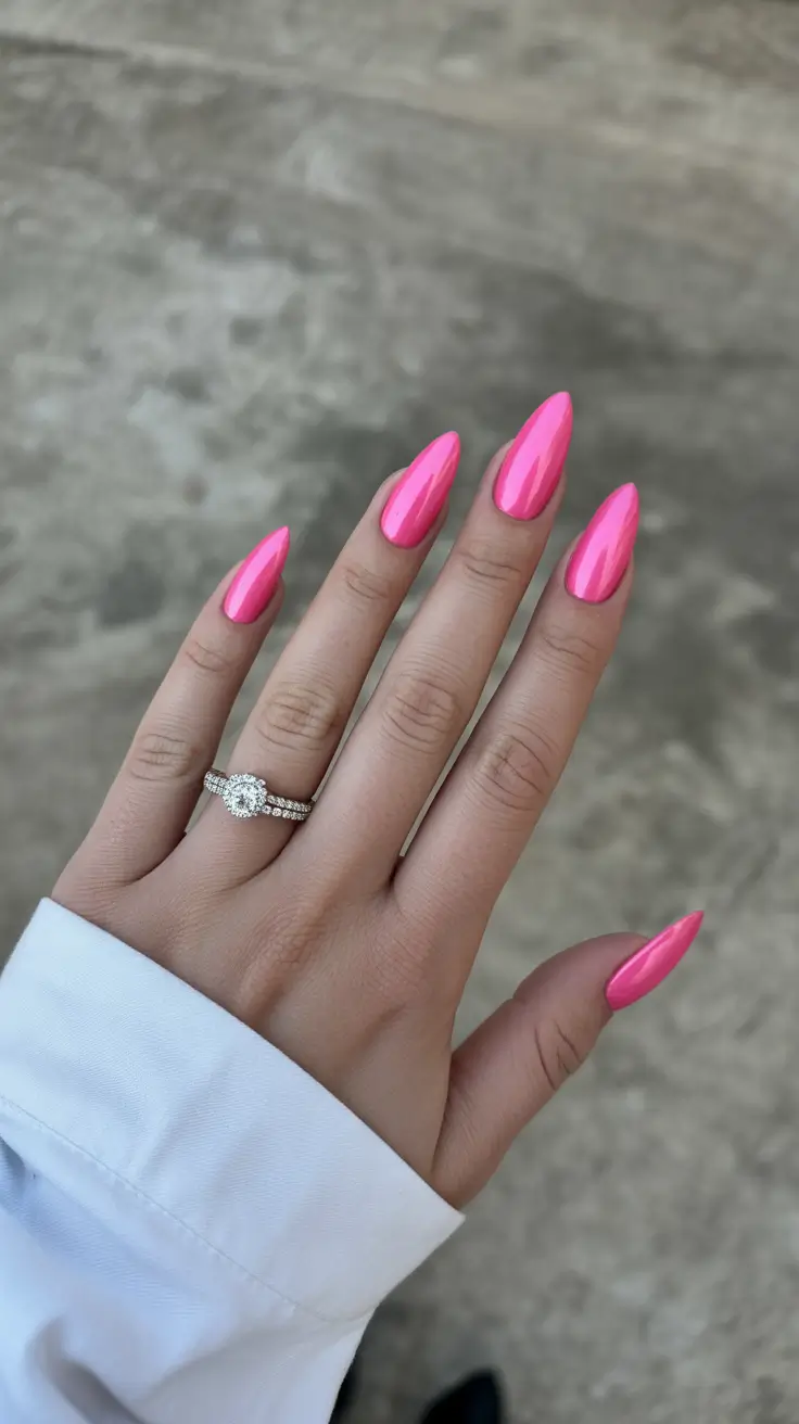 Pink-Nails-Ultra-Bright-Pink-Almonds-With-a-Glassy-Finish