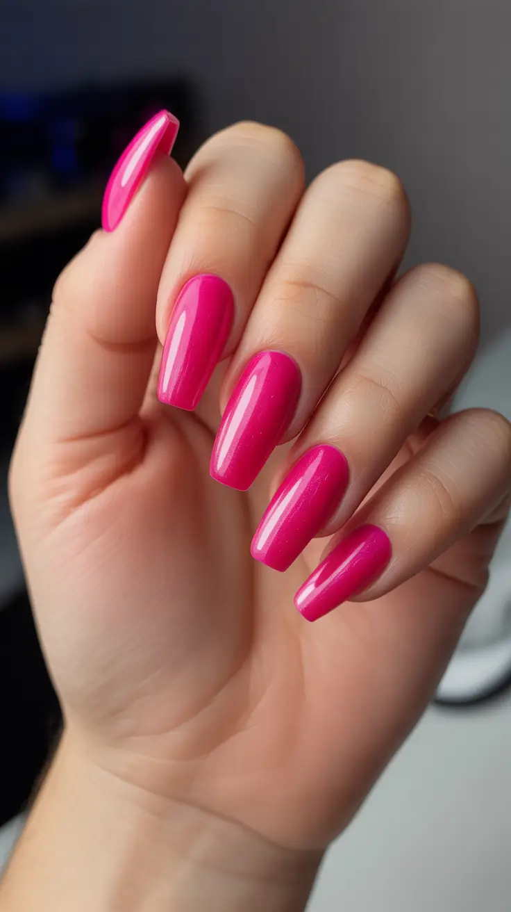 Pink-Nails-Vivid-Magenta-Coffins-With-a-Bold-Summer-Shine