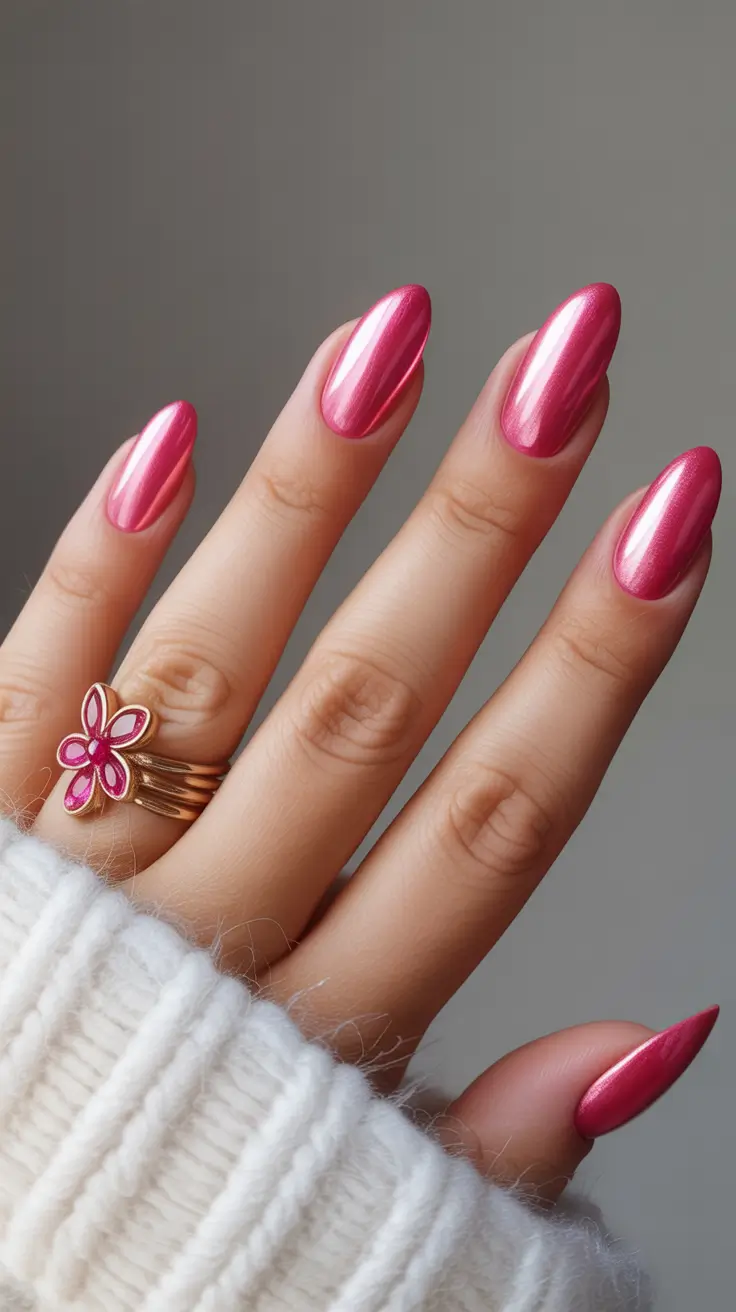 Pink-Nails-Frosted-Metallic-Pink-Almonds-With-a-Soft-Satin-Glow
