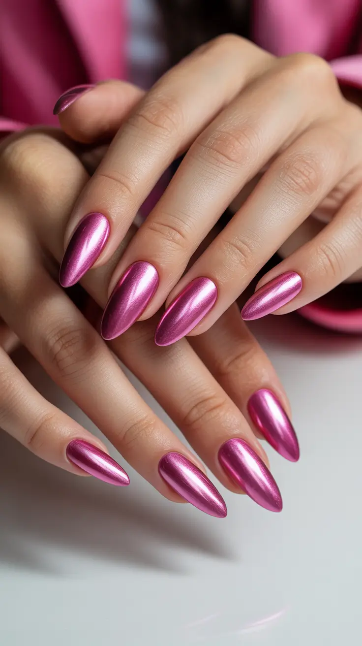 Pink-Nails-Reflective-Metallic-Pink-Almonds-With-a-Polished-Sheen