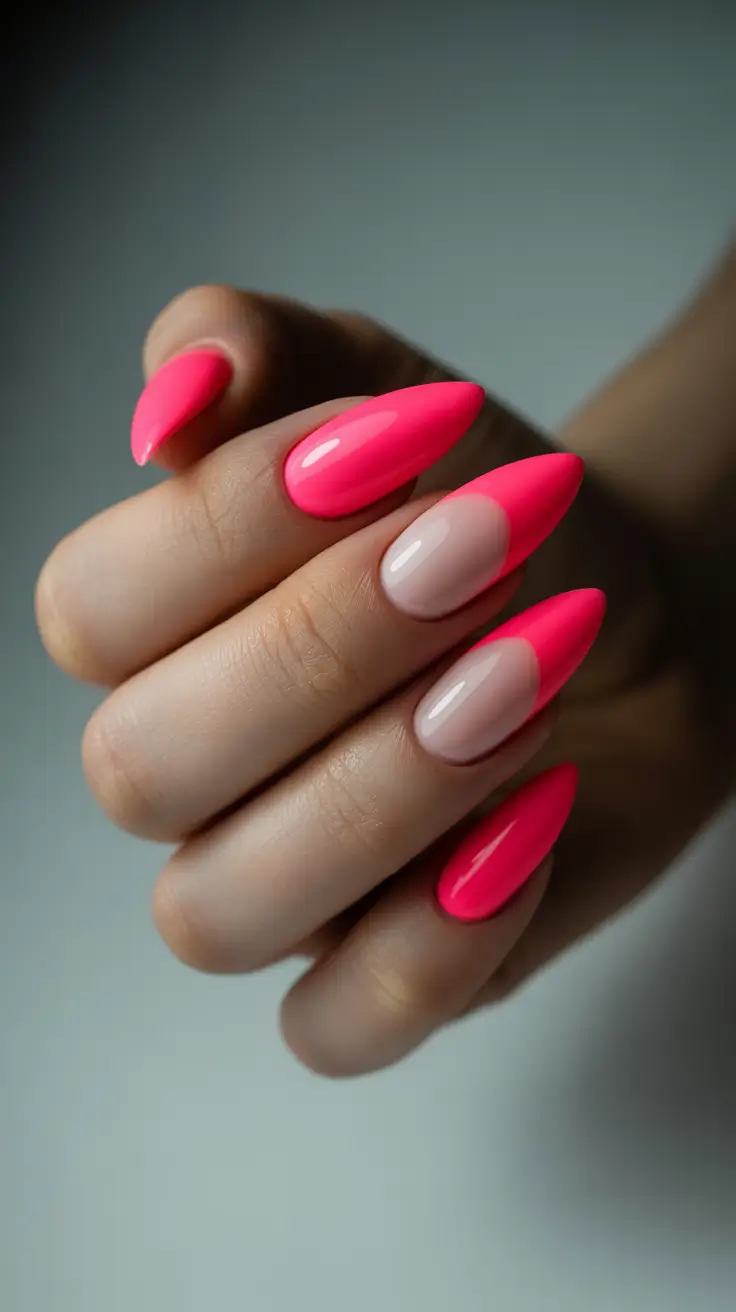 Pink-Nails-Neon-Pink-Almonds-With-Playful-Negative-Space
