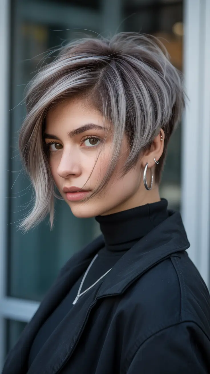 Short Pixie Haircuts 2026 Silver Ash Pixie with Long Layers