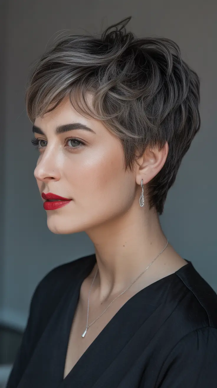 Short Pixie Haircuts 2026 Smoky Brunette Pixie with Curled Texture