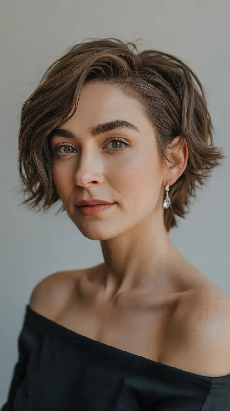 Short Pixie Haircuts 2026 Soft Brown Pixie with Wavy Volume