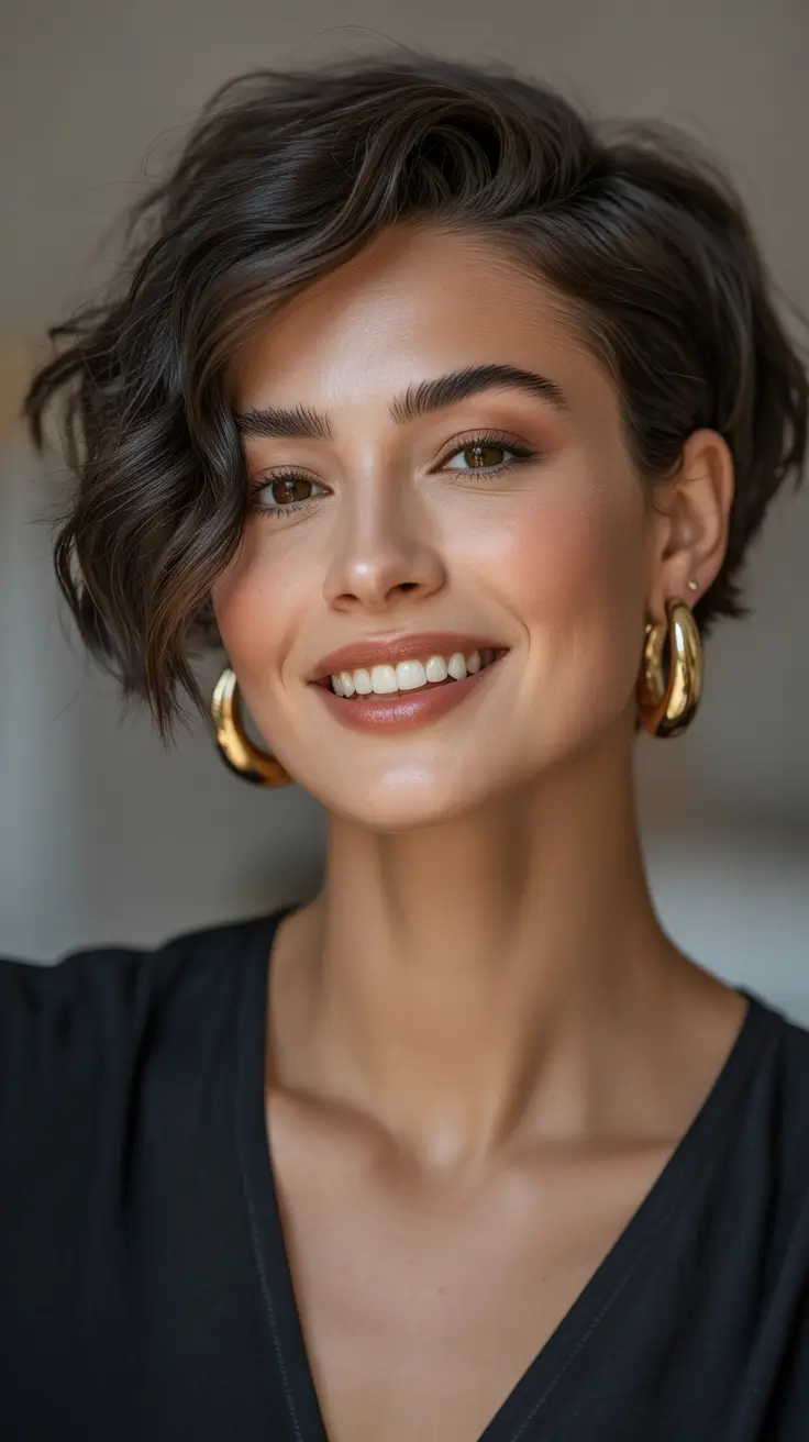 Short Pixie Haircuts 2026 Curled Brunette Pixie with Golden Undertones