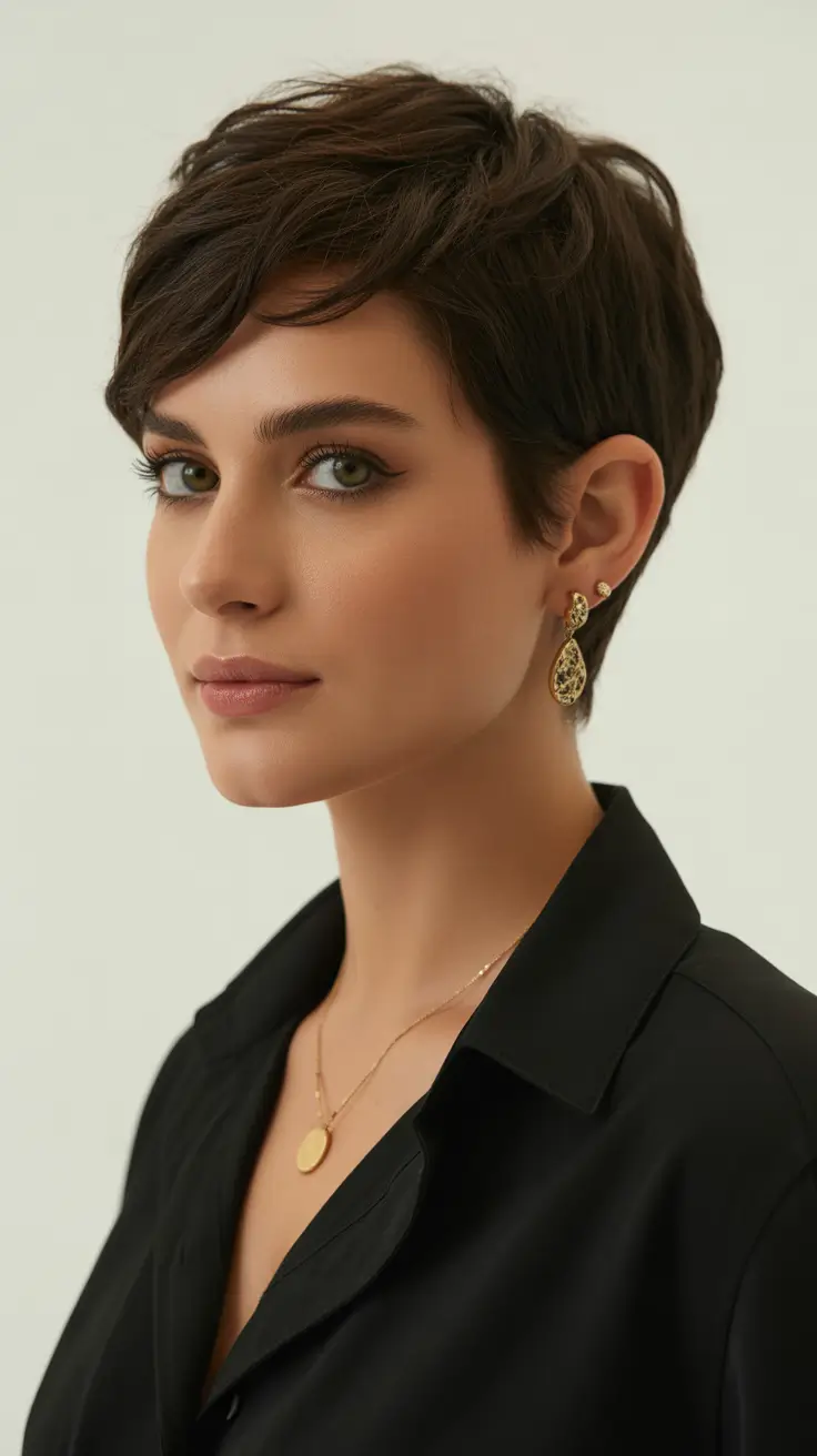 Short Pixie Haircuts 2026 Chic Brunette Pixie with Longer Layers