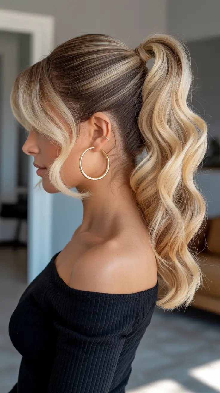 Ponytail Blended Blonde Ponytail with Cascading Ribbon Waves