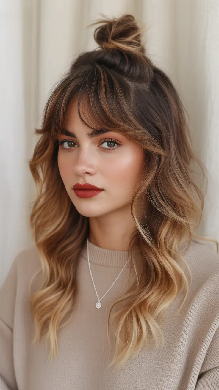 Cute Textured Half-Up Bun With Soft Fringe