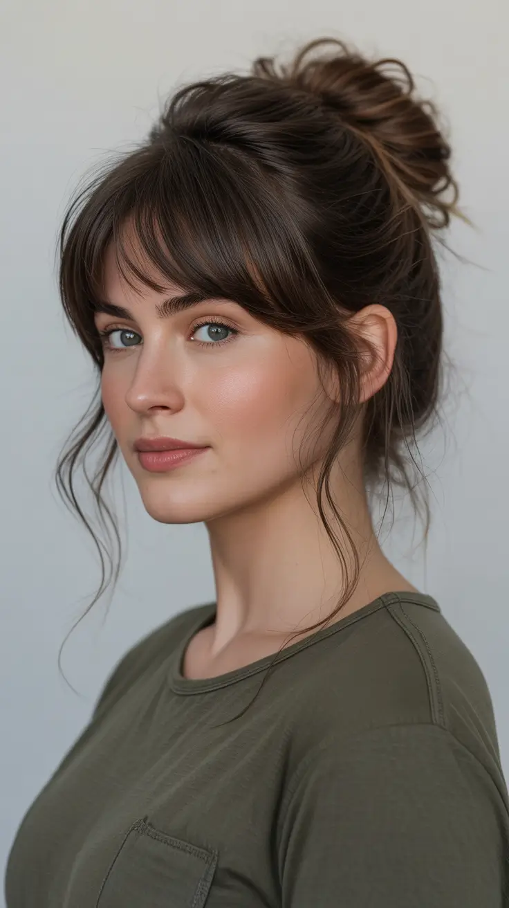 Cute Messy Top Bun With Soft Curtain Bangs