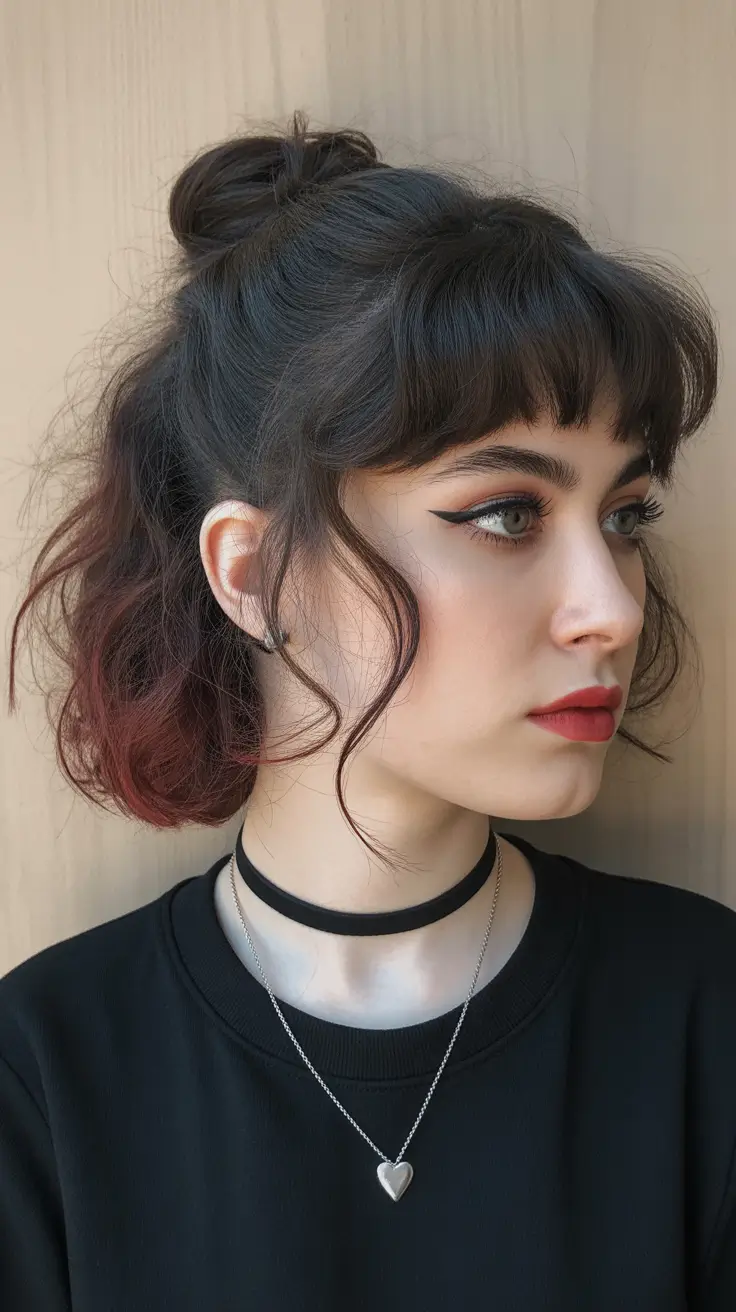 Cute Edgy Half-Up Bun With Wispy Bangs and Red-Toned Ends