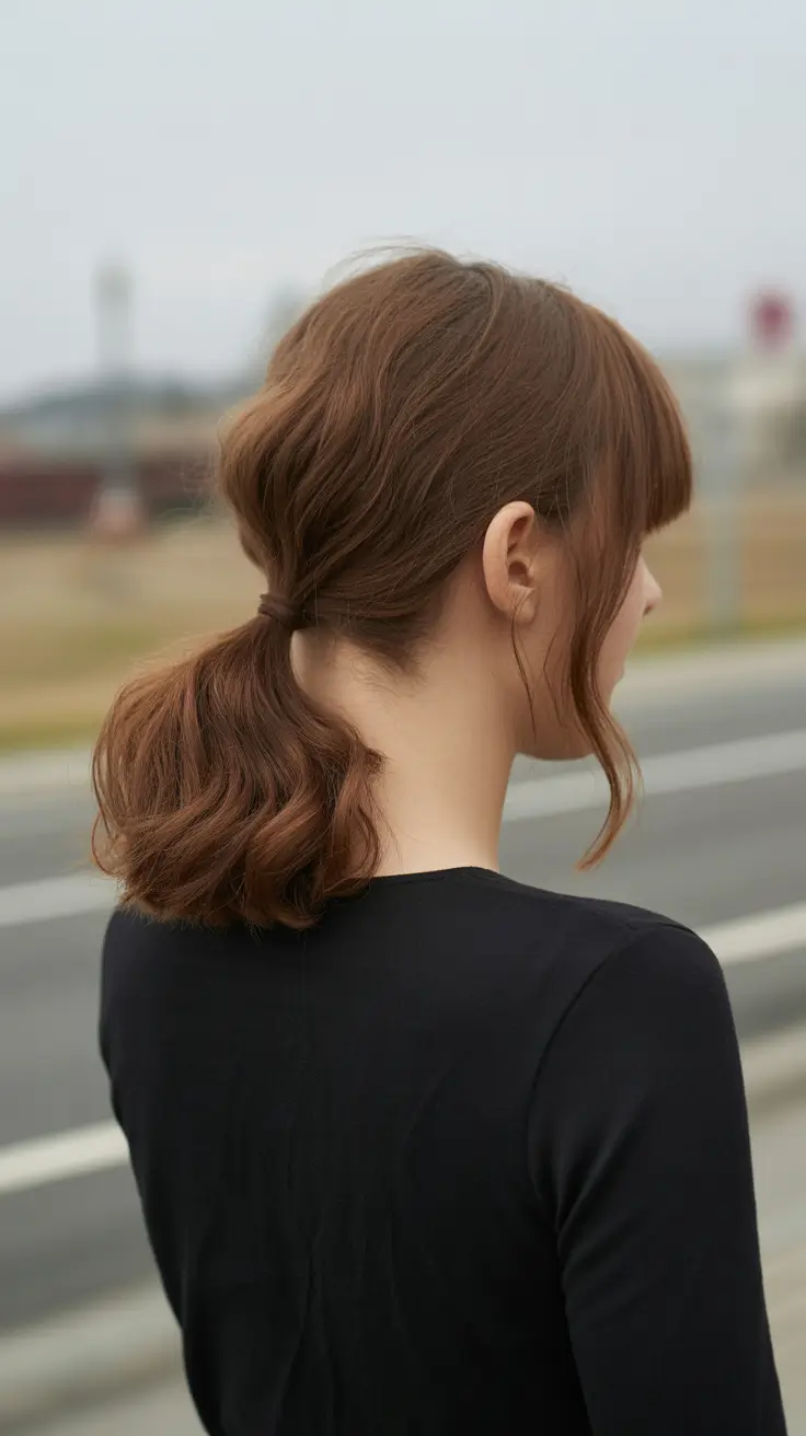 Cute Softly Tousled Low Ponytail With Curved Fringe
