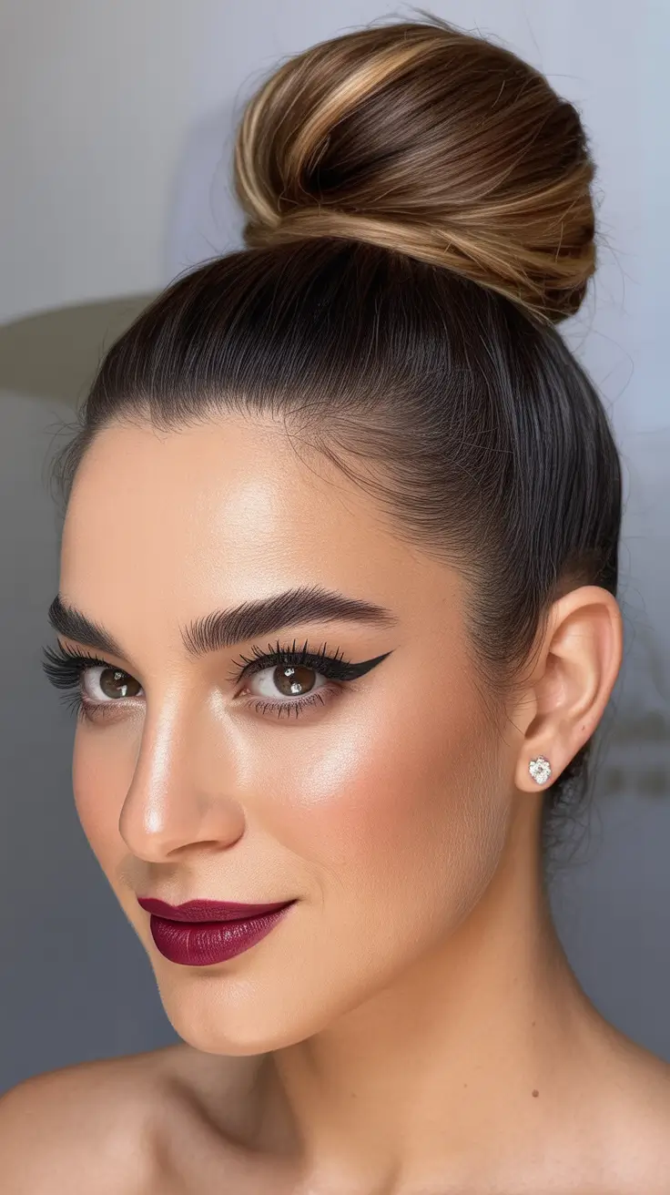 Cute High Voluminous Top Knot With Wrapped Highlights