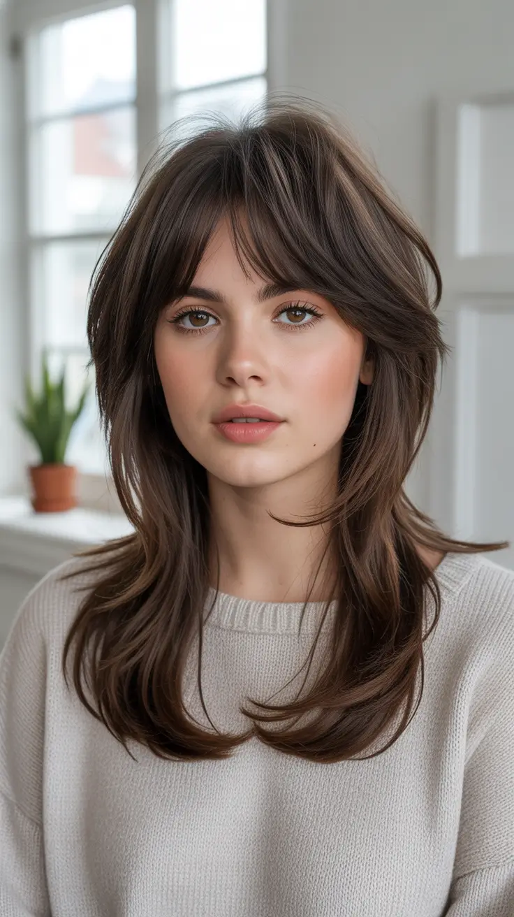 Shag haircut Long Soft Shag with Blended Curtain Bangs