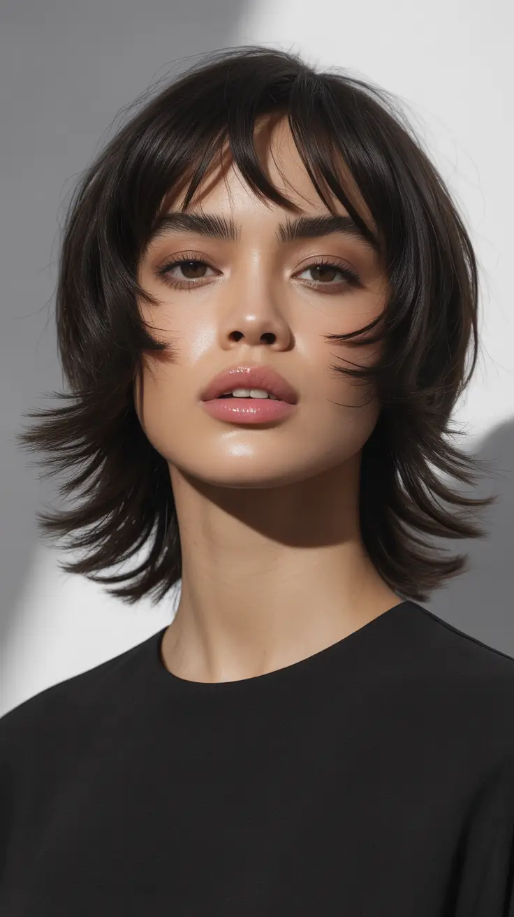 Shag haircut Short Dark Shag with Wispy Bangs