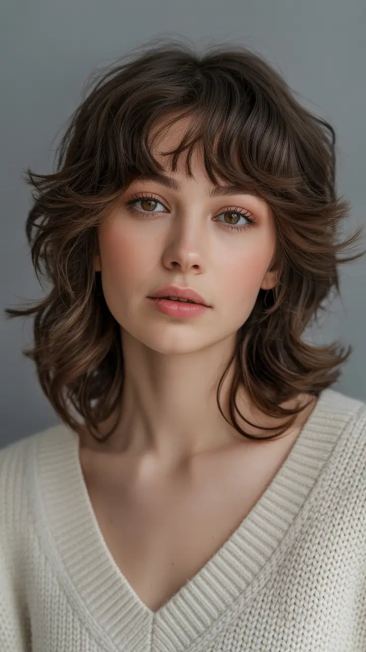 Shag haircut Layered Brunette Shag with Subtle Wavy Lift