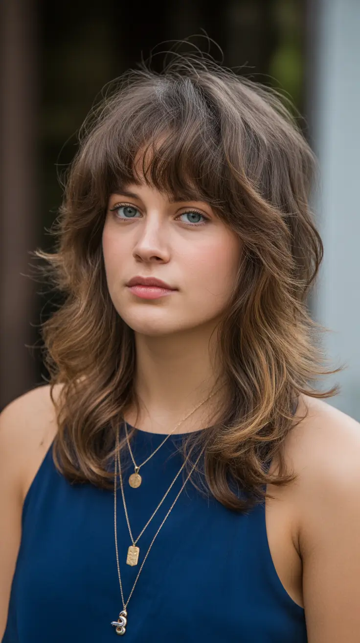 Shag haircut Medium Shag with Soft Fringe and Warm Brunette Depth