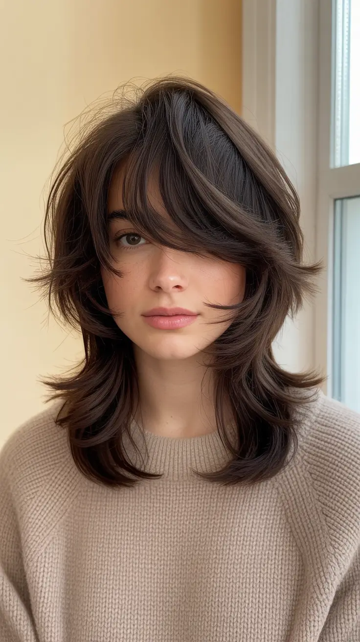 Shag haircut Long Shag with Dramatic Side Layers and Dimensional Brunette