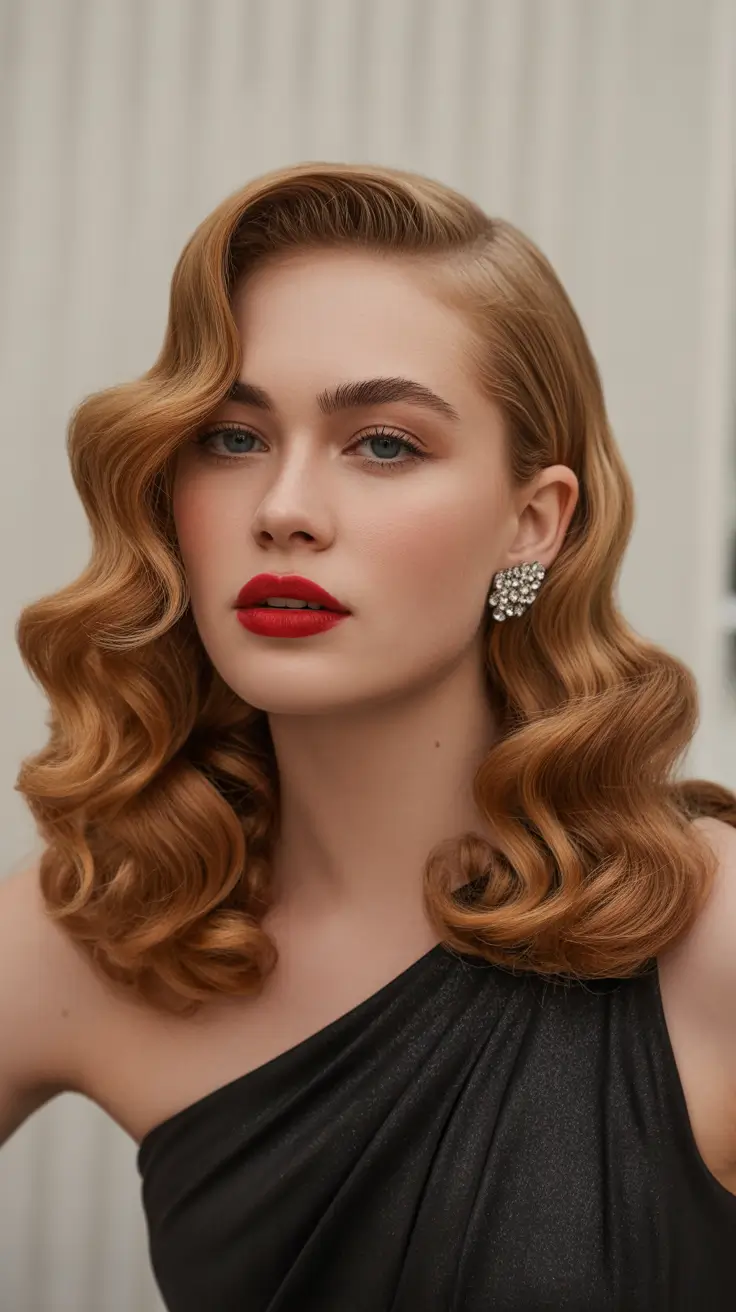 Side part hairstyle Soft Hollywood Waves With a Sculpted Side Part