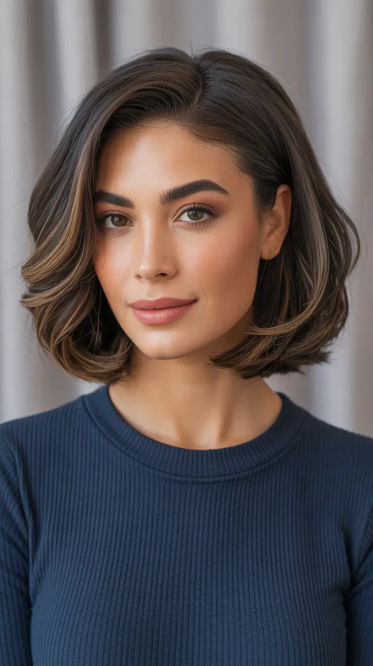 Side part hairstyle Rounded Bob With Soft Waves and Dimensional Highlights