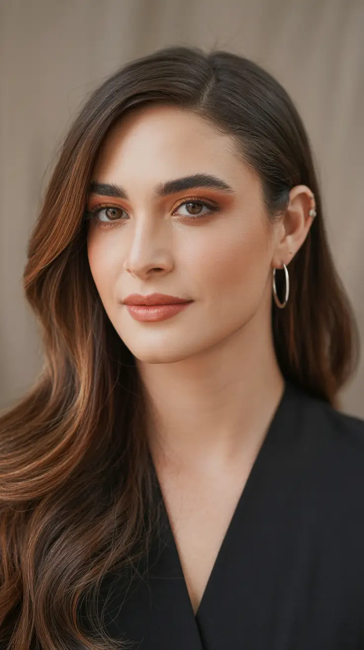 Side part hairstyle Long Layered Waves With a Sleek, Defined Side Part