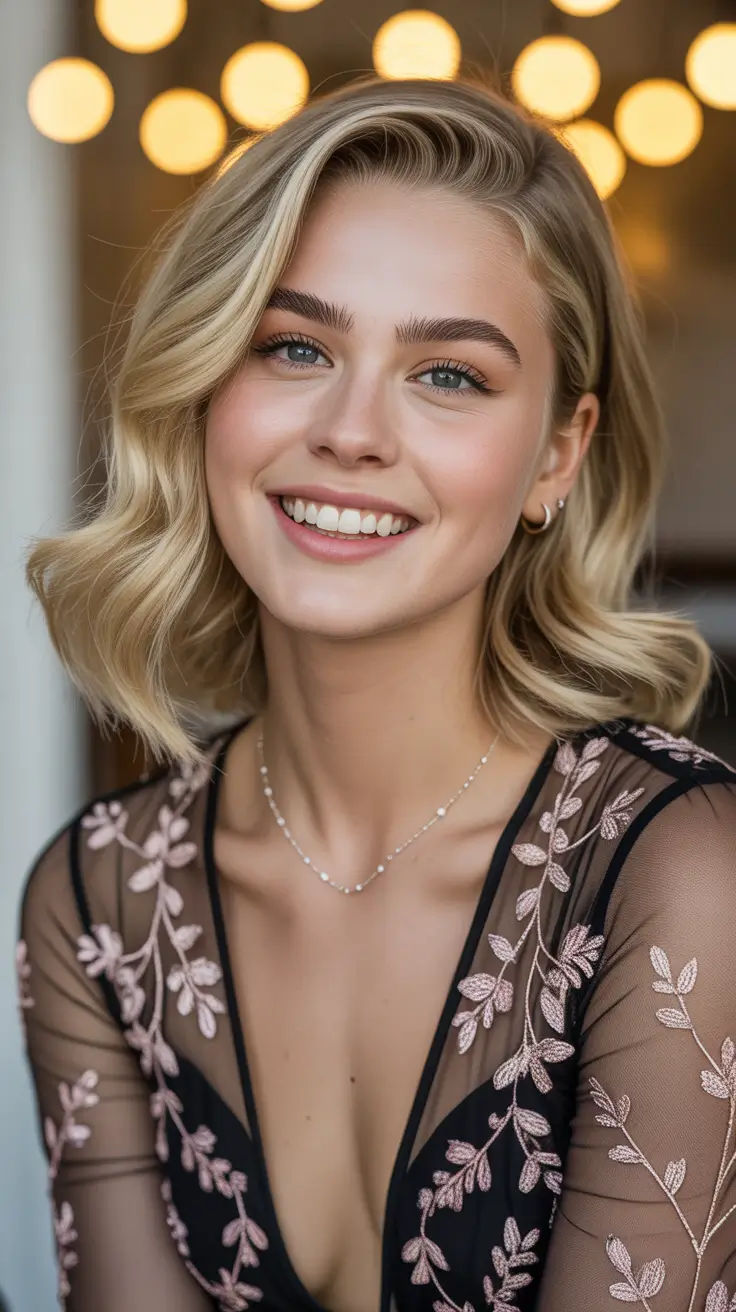 Side part hairstyle Soft Golden Wavy Bob With a Playful Side Part