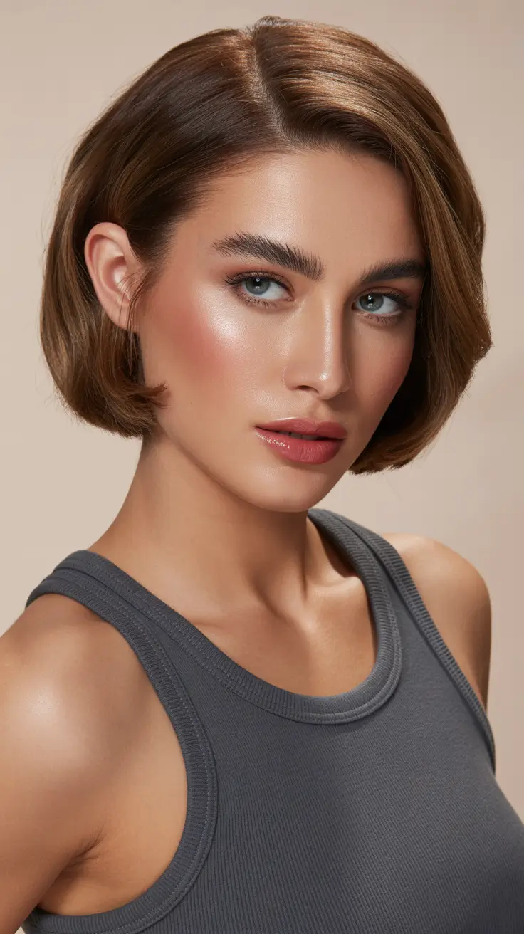 Side part hairstyle Glossy Chestnut Bob With Silky Movement and a Soft Part