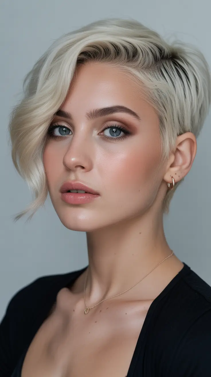 Side part hairstyle Edgy Side-Swept Pixie With Soft Platinum Texture