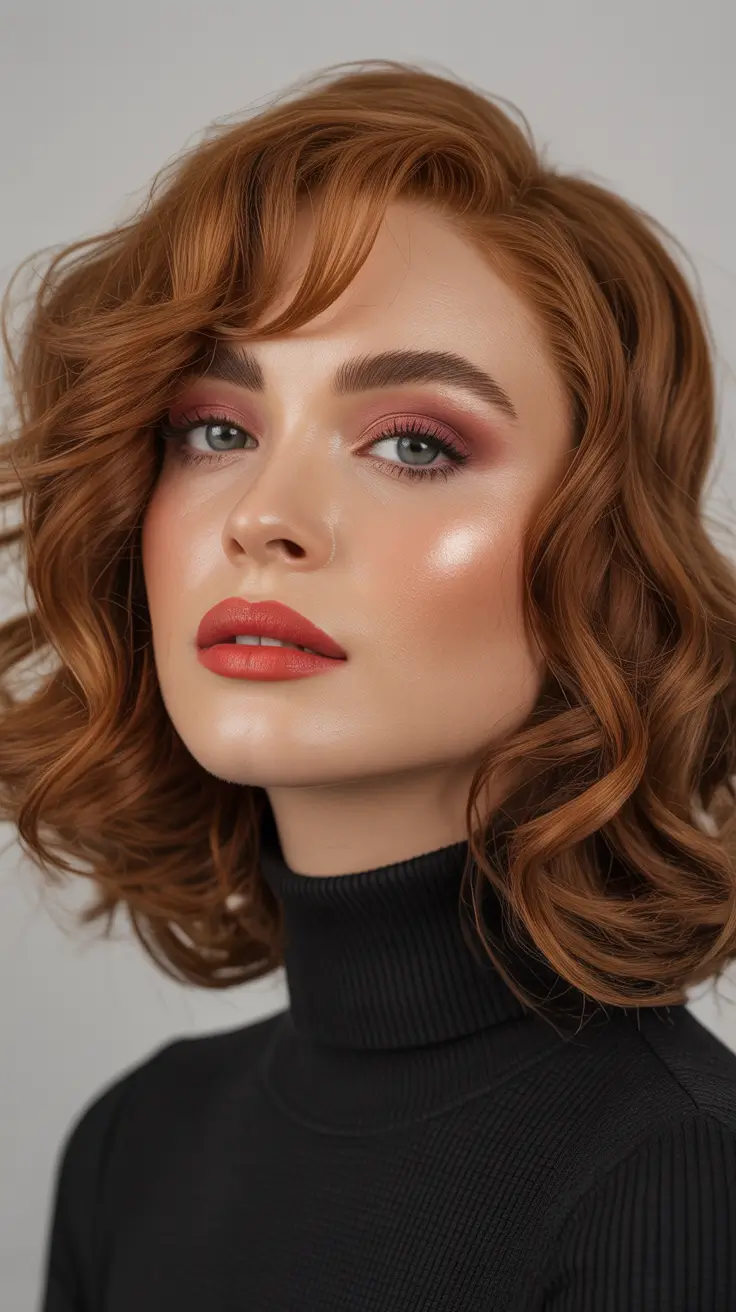 Side part hairstyle Short Copper Curls With Side-Swept Fringe