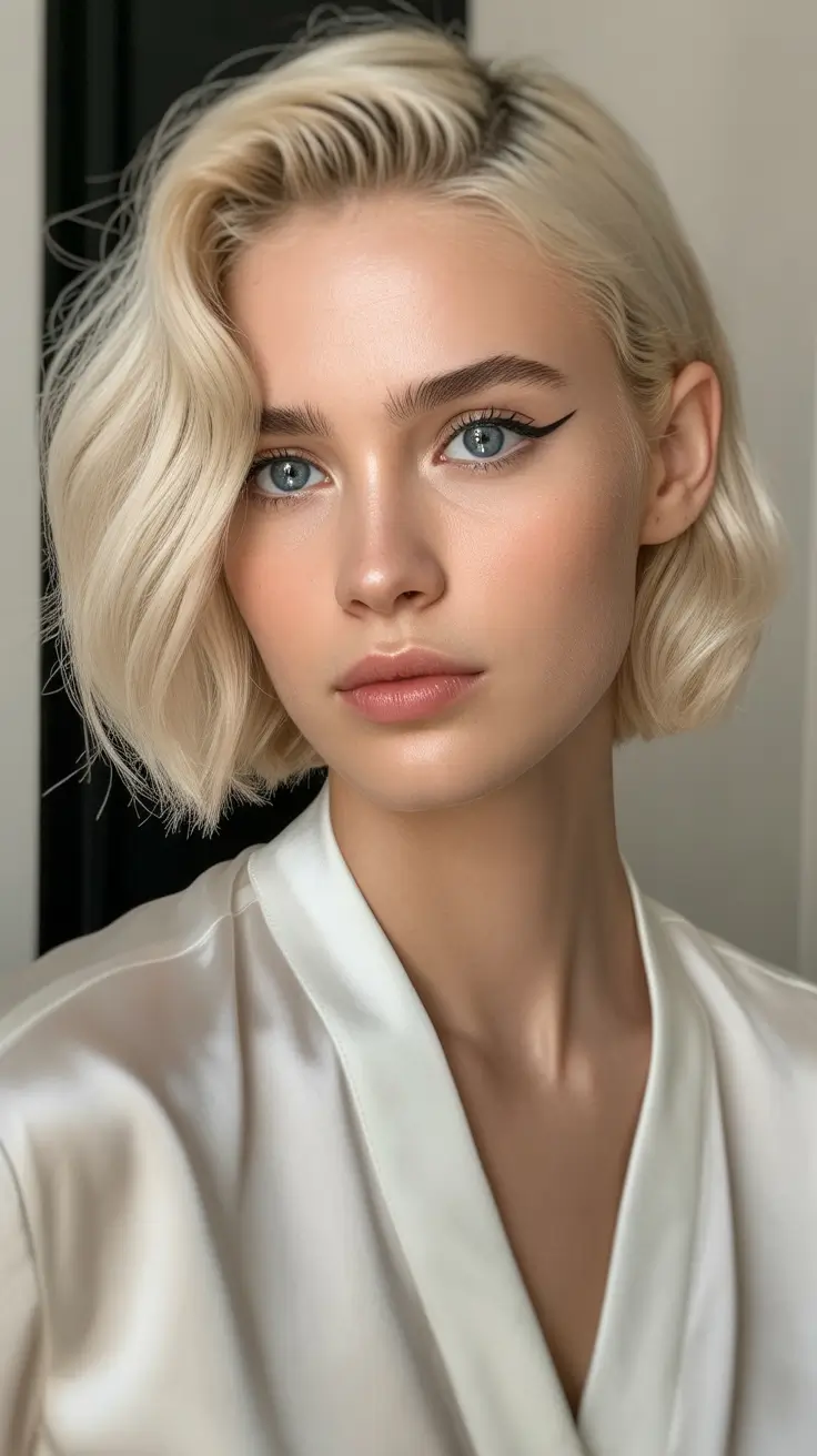 Side part hairstyle Soft Platinum Side-Parted Waves on a Fresh Bob Cut