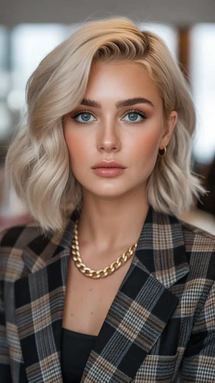 Side part hairstyle Textured Blonde Bob With a Deep Movement Side Part